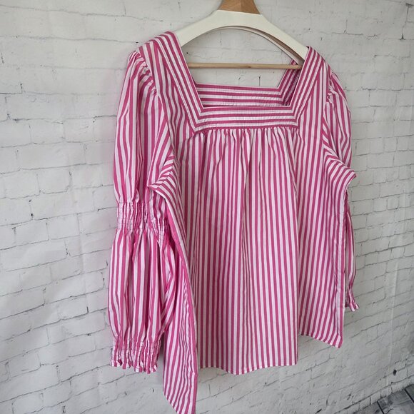 Pioneer Woman Top Plus Size 1X Pink White Striped Square Neck Smocked Sleeve - Picture 2 of 7